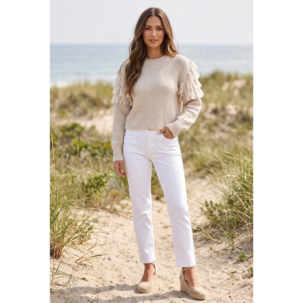 NWT Amuse Society Rocha Oat Beige Fringe Shoulder Knit Sweater Crew Neck M